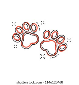 Vector cartoon paw print icon in comic style. Dog or cat pawprint sign illustration pictogram. Animal business splash effect concept.