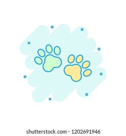 Vector cartoon paw print icon in comic style. Dog or cat pawprint sign illustration pictogram. Animal business splash effect concept.