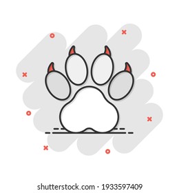 Vector cartoon paw print icon in comic style. Dog, cat, bear paw sign illustration pictogram. Animal foot business splash effect concept.