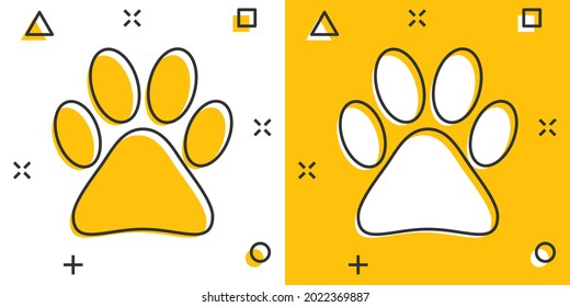 Vector cartoon paw print icon in comic style. Dog, cat, bear paw sign illustration pictogram. Animal foot business splash effect concept.