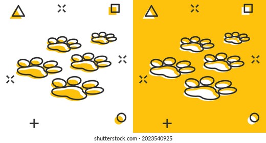 Vector cartoon paw print icon in comic style. Dog, cat, bear paw sign illustration pictogram. Animal foot business splash effect concept.