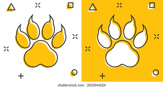 Vector cartoon paw print icon in comic style. Dog, cat, bear paw sign illustration pictogram. Animal foot business splash effect concept.