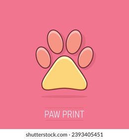 Vector cartoon paw print icon in comic style. Dog, cat, bear paw sign illustration pictogram. Animal foot business splash effect concept.