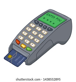 Vector Cartoon Payment Terminal with Credit Card Inside It.