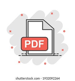 Vector cartoon PDF download icon in comic style. PDF format sign illustration pictogram. Document business splash effect concept.