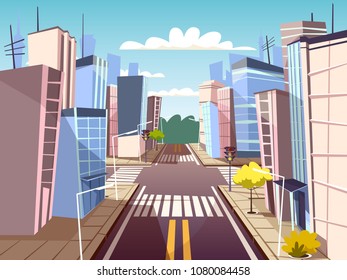 Vector cartoon pedestrian crosswalk, crossroad on city downtown background template. Illustration with zebra on road intersection on urban office buildings street cityscape concept.