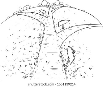 Vector cartoon pen and ink drawing of road or path forward and branching through grass, meadows and nature. Concept of future and destiny.