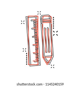 Vector cartoon pencil with ruler icon in comic style. Ruler meter sign illustration pictogram. Office gear business splash effect concept.