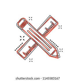 Vector cartoon pencil with ruler icon in comic style. Ruler meter sign illustration pictogram. Office gear business splash effect concept.