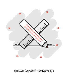 Vector cartoon pencil with ruler icon in comic style. Ruler meter sign illustration pictogram. Office gear business splash effect concept.