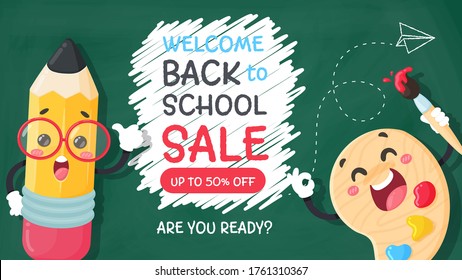 Vector cartoon pencil Write a welcome message back to school on the blackboard.