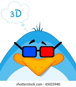 Vector cartoon penguin in 3d-glasses