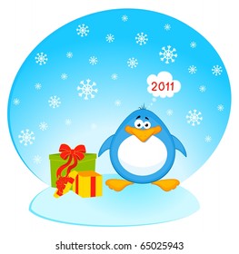 Vector cartoon penguin with gifts