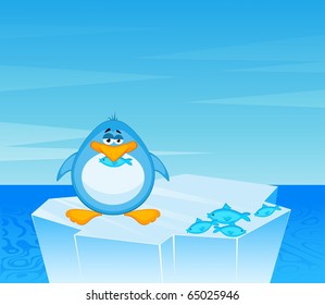 Vector cartoon penguin on an iceberg in an ocean