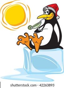 A vector cartoon penguin, sipping on a margarita and sitting on a block of Ice. Layered vector file.