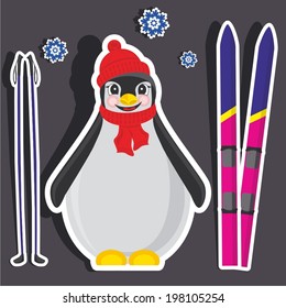 Vector cartoon penguin with skiing