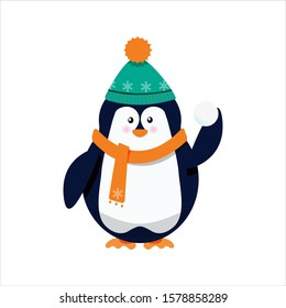 Vector cartoon penguin in winter warm clothes