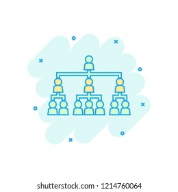 Vector cartoon people corporate organization chart icon in comic style. People cooperation concept illustration pictogram. Teamwork business splash effect concept.