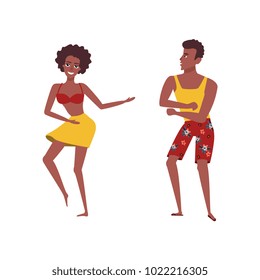 vector cartoon people dancing at beach party set. cute beautiful hot slim african woman, girl in summer swimsuit and african black boy on vacation. Isolated illustration white background.