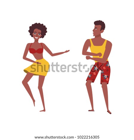 vector cartoon people dancing at beach party set. cute beautiful hot slim african woman, girl in summer swimsuit and african black boy on vacation. Isolated illustration white background.