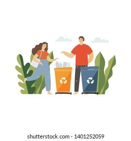 Vector cartoon people in modern style. Vector illustration waste recycling concept. Gathering, sorting and transportation of plastic. People throw garbage in the tank in nature