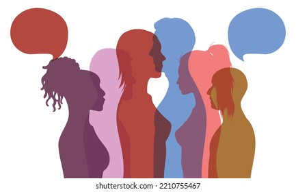 Vector cartoon people in profile with speech bubbles talking and communicating on social networks. Communication text around them. 