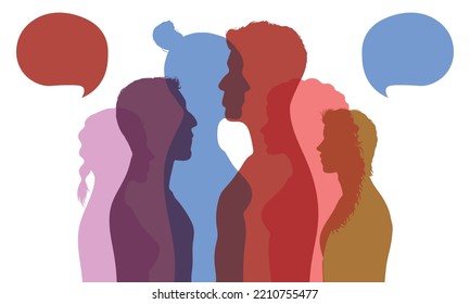 Vector cartoon people in profile with speech bubbles talking and communicating on social networks. Communication text around them. 