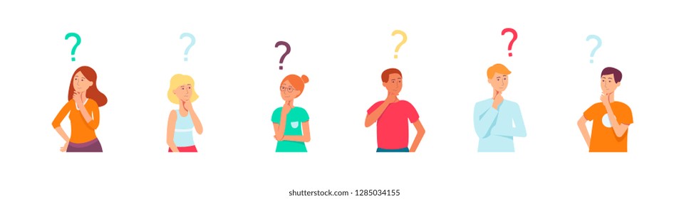 Vector Cartoon People With Questions Set. Young Cute Women , Men Thinking. Male Female Characters Standing Thoughtful Pose Holding Chin Questions Above Head. Vector Illustration