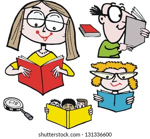 Vector cartoon of people reading books.