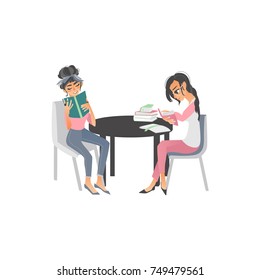 vector cartoon people reading books. Beautiful women in casual clothing sitting at chairs at circle table with books at home or library. Isolated illustration white background