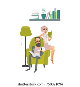 vector cartoon people reading books. Beautiful business woman in formal suit and adult man in glasses sitting at armchair near lamp bookshelf at home or library. Isolated illustration white background