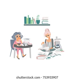 vector cartoon people reading books set. Woman in pink sitting at table with books thinking near bookshelf at home or library, another young girl sits at floor with pile of pooks around isolated