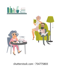 vector cartoon people reading books. Beautiful business woman in formal suit and adult man in glasses sitting at armchair near lamp bookshelf at home or library, girl in pink sits at table with books.