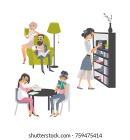 vector cartoon people reading books set. Beautiful business woman and adult man in glasses sitting at armchair near lamp, women sitting at table, girl stands near bookcase at home or library.