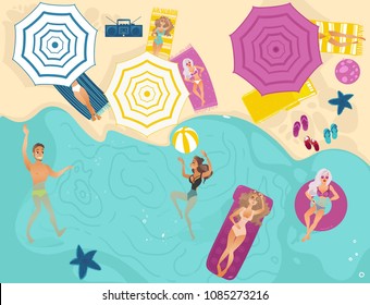 Vector cartoon people swimming in beach with blue sea waves, sunbath at mattress, lounger. Vacation summer travelling holiday concept. Male female character having fun Isolated background illustration