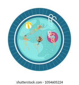 Vector cartoon people swimming in circle pool with blue tile walls and water. Vacation summer travelling and holiday concept. Male female character having fun. Isolated illustration white background