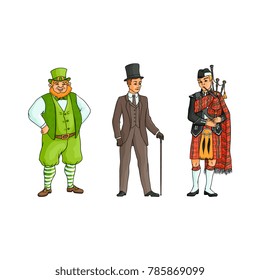 vector cartoon people in United kingdom national costumes set. scotland man bagpiper in traditional clothing holding bagpipe, Irish man in leprechaun costume holding clover. english gentleman.