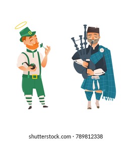 vector cartoon people in United kingdom national costumes set. scotland man bagpiper in traditional clothing holding bagpipe and Irish man in leprechaun or Saint Patrick costume holding clover.