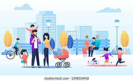 Vector Cartoon People Walking in Urban Park Illustration. Happy Children run with Dog, Family Pass with Kids and Baby Pram, Grannies with Grandson Sit on Bench, Boy Cycling. Flat City Skyline Backdrop