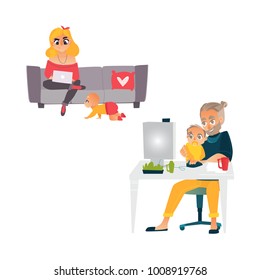 Vector cartoon people working from home, remote, freelance work . Adult man sitting at workplace typing at desktop keyboard with baby nipple knees woman sitting at sofa typing at laptop with toddler