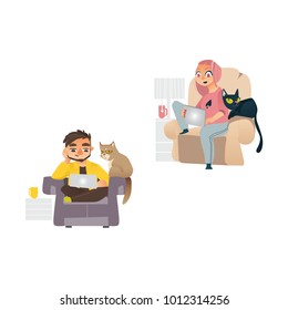 Vector cartoon people working from home, remote, freelance work . Young man, girl sitting at armchair with laptop at knees typing with cat pet sleeping near. Isolated illustration, white background