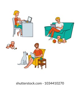 Vector cartoon people working from home, remote, freelance work set. Woman sitting at table with infant baby behind laptop, men at sofa, armchair typing near dog, playing child. Isolated illustration.