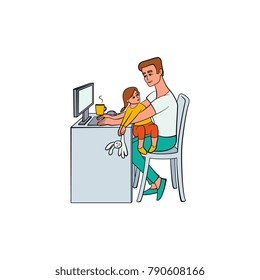 Vector cartoon people working from home, remote, freelance work . Adult man sitting at workplace typing at desktop keyboard with girl child playing with rabbit toy at knees. Isolated illustration