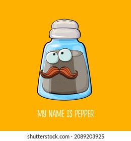 Vector cartoon pepper shaker with smiling faces isolated on orange background. Funky Kawaii pepper character. My name is pepper concept illustration for printing on tee