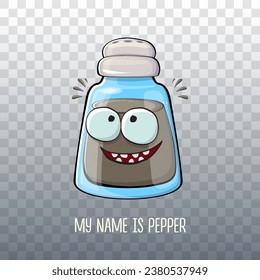 Vector cartoon pepper shaker with smiling faces isolated on transparent background. Funky Kawaii pepper character. My name is pepper concept illustration for printing on tee