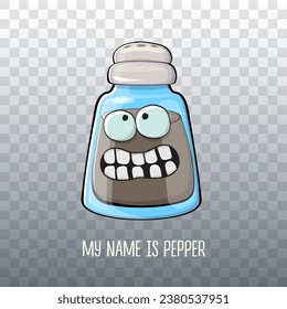 Vector cartoon pepper shaker with smiling faces isolated on transparent background. Funky Kawaii pepper character. My name is pepper concept illustration for printing on tee