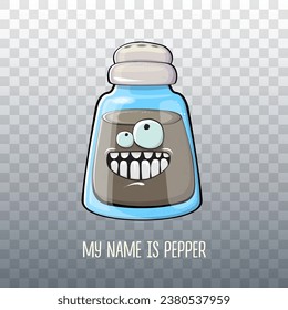 Vector cartoon pepper shaker with smiling faces isolated on transparent background. Funky Kawaii pepper character. My name is pepper concept illustration for printing on tee