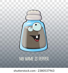 Vector cartoon pepper shaker with smiling faces isolated on transparent background. Funky Kawaii pepper character. My name is pepper concept illustration for printing on tee