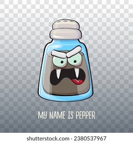 Vector cartoon pepper shaker with smiling faces isolated on transparent background. Funky Kawaii pepper character. My name is pepper concept illustration for printing on tee