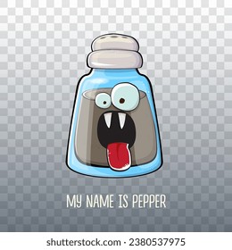 Vector cartoon pepper shaker with smiling faces isolated on transparent background. Funky Kawaii pepper character. My name is pepper concept illustration for printing on tee